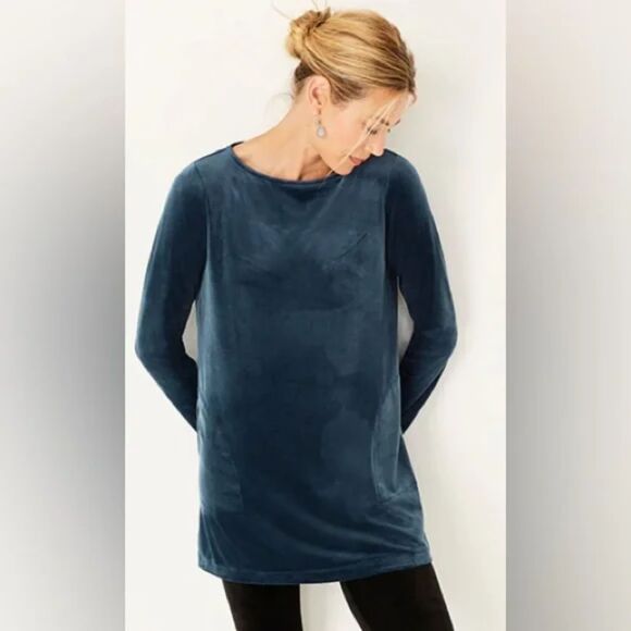 Pure Jill by J.Jill Blue Crew Neck Velvet Tunic w/pockets Blouse size Medium - Picture 1 of 8
